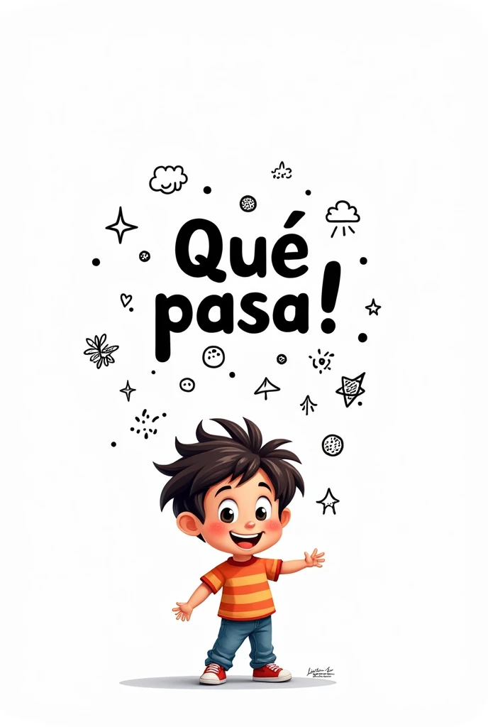 image of an animated child in a drawing that says  "
What&#39;s up in black letters in Spanish" in black and white 
