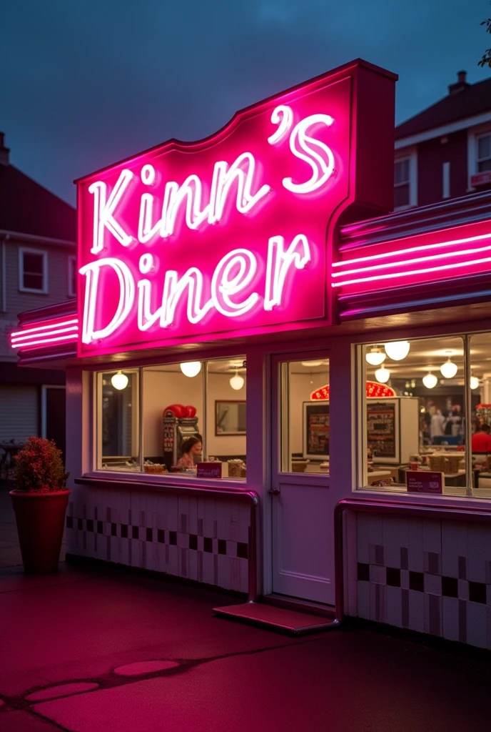 Logo in pink neon lights "Kinn's Diner" from a 50's and 60's themed diner, placed on a white facade