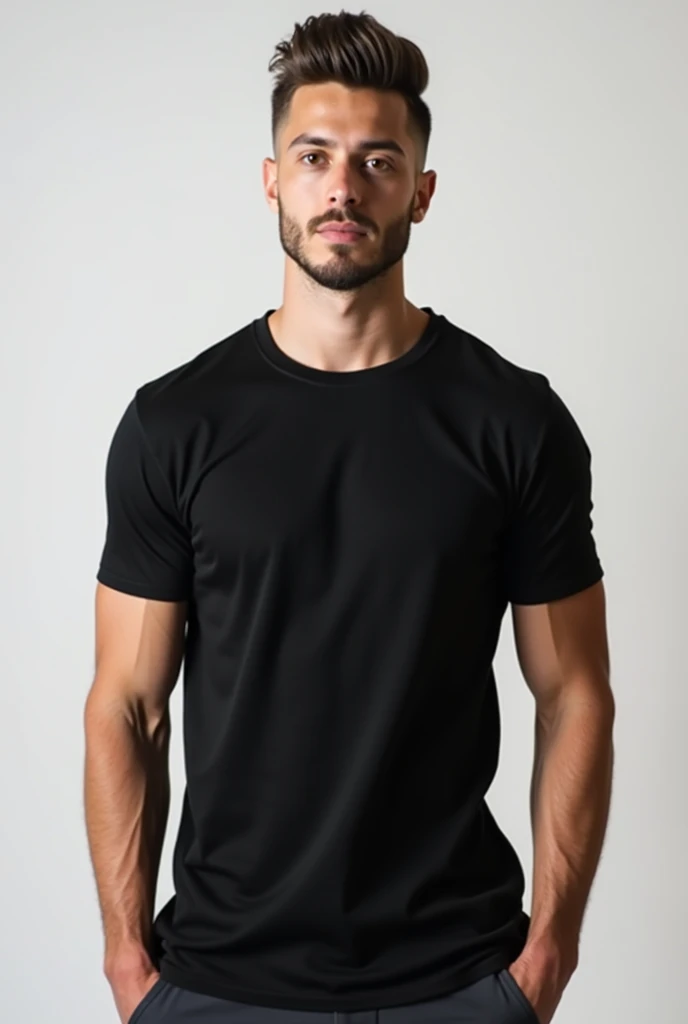 young man, showing off his haircut, with beard, wearing t-shirt, on a plain background