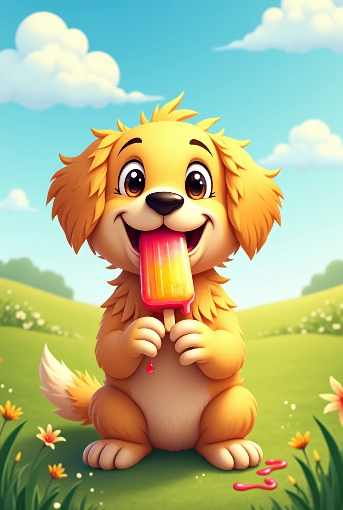 A yellow mixed breed dog eating an ice popsicle