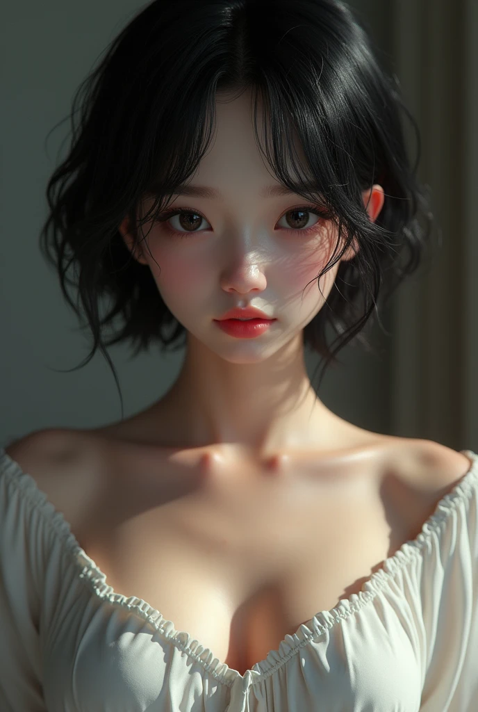 Realistic glowing skin, ,Always look at the camera, ,(sweating:1.2),Black Hair,short hair,Tie your hair short,Silky translucent white skin,best Realistic depiction,(Very detailed美しい顔), Great face and eyes, (Highest quality:1.4), (Very detailedな), (Very detailed CG 統合 8k 壁紙), Very detailed, High resolution raw color photos, Professional photography, Realistic portrait,
 (Detailed RAW photos of the girl&#39;s whole body), Canon EOS R5 250mm, Sharp focus, Cinema Lighting,  (No makeup:1.2), Fine skin, Delicate collarbone,(Ultra-high resolution:1.6), (Realistic:1.6), 