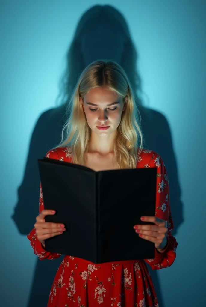 In the foreground a blonde adult girl in a red dress with flowers reading a black newspaper and behind her a slightly larger shadow but it must not be the same person and the blue background