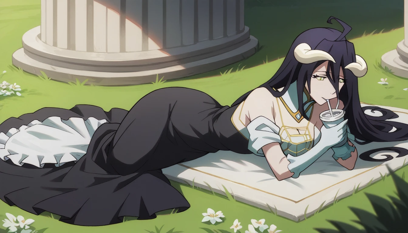 detailed image, face of felling, Albedo, lying on the grass, wearing a beautiful dress, long black dress, courtyard of a large mansion, Albedo drinking from a cup,