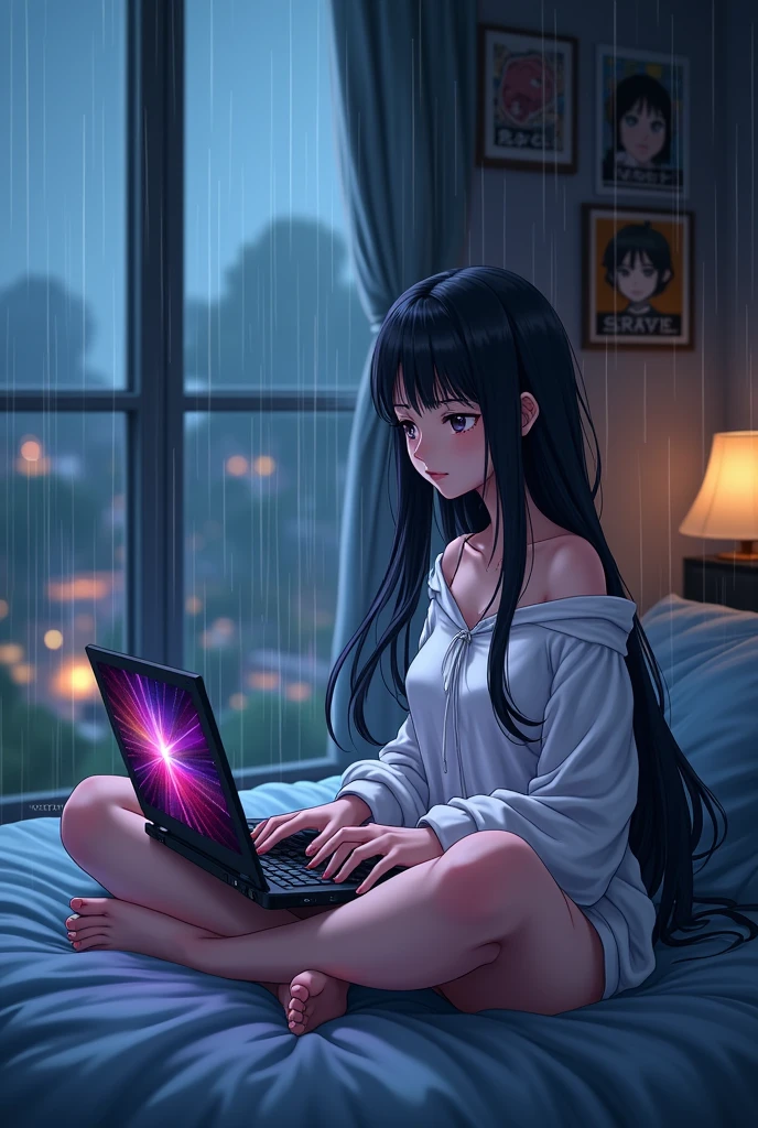 An 18-year-old anime girl is playing a game on a laptop in her room, the name of the game is Pubg Mobile. it is raining outside the window, the girl's hair is black, and she is wearing white clothes after a bath.