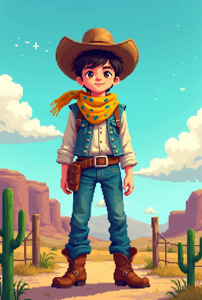 Generates a -yeld boearing cowboy clothes and a yellow scarf with blue spots. All this with a pixelated visual style similar to Undertale..