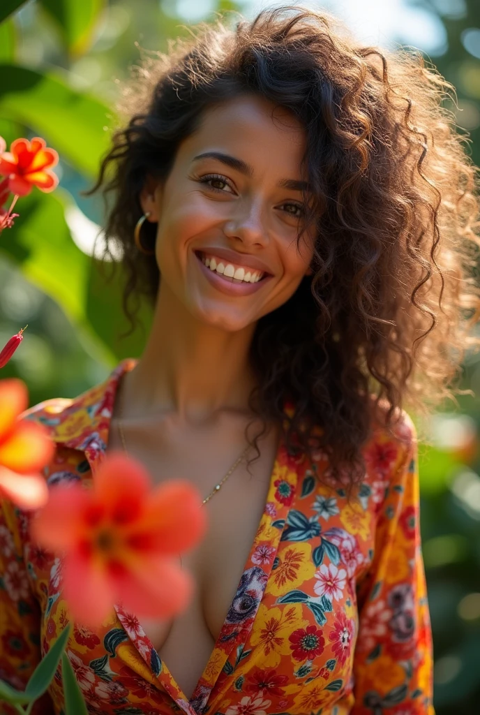A Brazilian woman in a lush tropical garden, wearing an open shirt with a floral print, with a close-up capturing the harmonious beauty between her and the natural flowers, showing off your natural charm and outgoing personality.