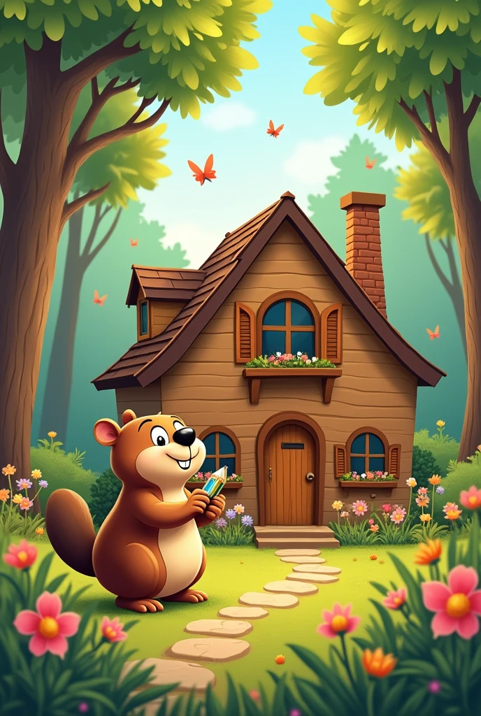 Draw an animated beaver as a drawing imagining your dream house made of wood, built in a forest 
