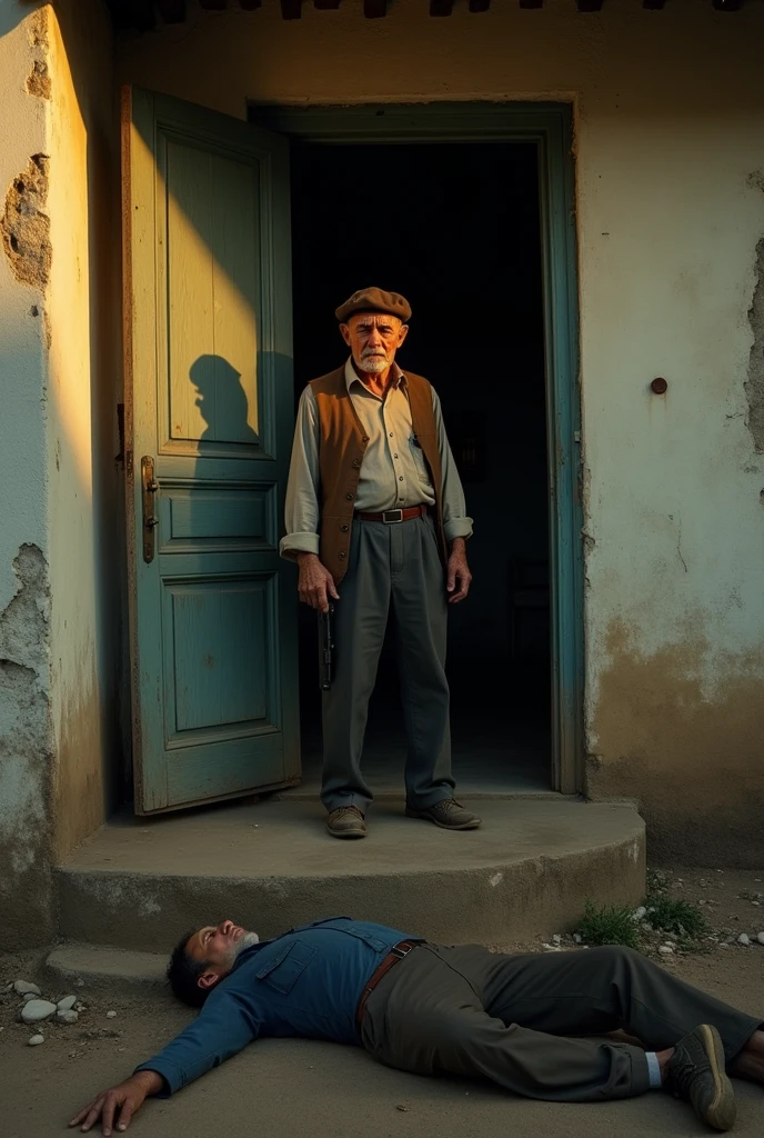 The image shows the facade of a modest house, with a partially open door. In front of the door, a 74-year-old man wearing a brown beret on his head, with an expression of despair and pain, holds a .37-caliber pistol in his hand. The man.
The image also shows a 29-year-old man lying on the ground, near the entrance, and to the left of the scene you can see the blurred figure of the young man's mother, who is trying to run towards him.