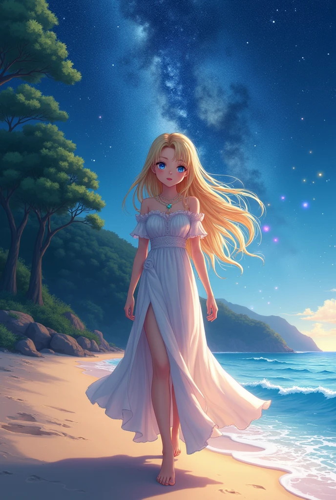 (masterpiece、Highest quality、8k、High resolution)、(The best beautiful girl)、Best Style、(The most beautiful face)、Clear skin、Clean blue eyes、Beautiful lips、Beautiful nose、Blonde Hair、Walking on the sand、Ocean、You can see the forest、A bright night with stars visible、Beautiful starry sky、milky way、(Mysterious light particles emitting from the body、Colorful Light、Very mysterious light)、jewelry、necklace、dress、(whole body)、Highly detailed anime art、A complete portrayal、Professional photographer、Professional Lighting、