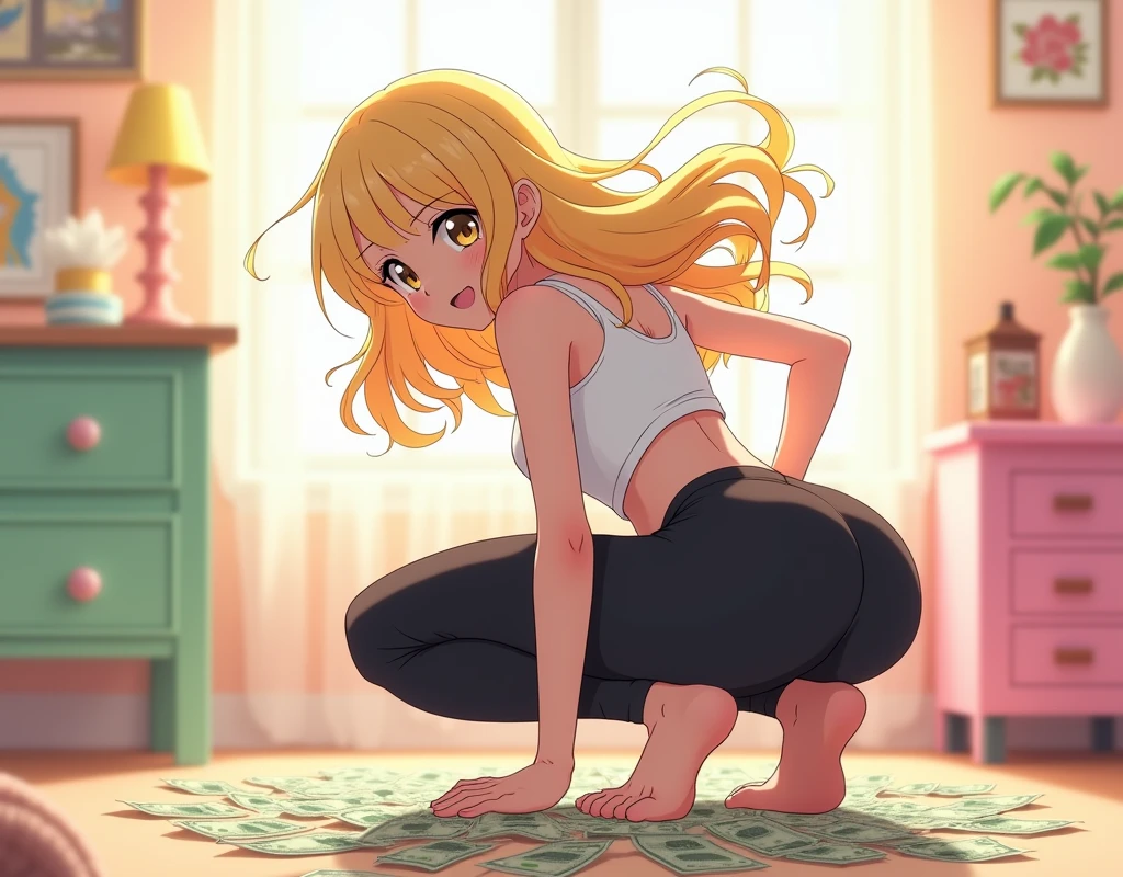anime girl, blonde and wearing white tank top and black yoga pants, bending down to reach money on the floor, buttocks and hips raised higher than hair, protruding buttocks