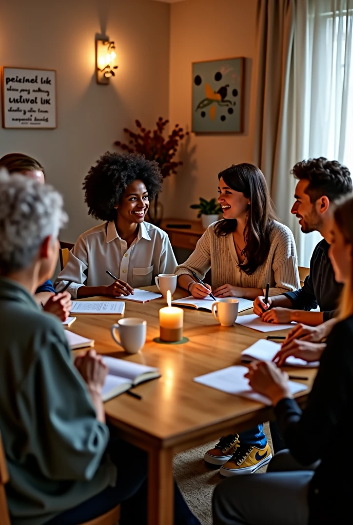 A group of people around a large table, chatting. A self-help group.