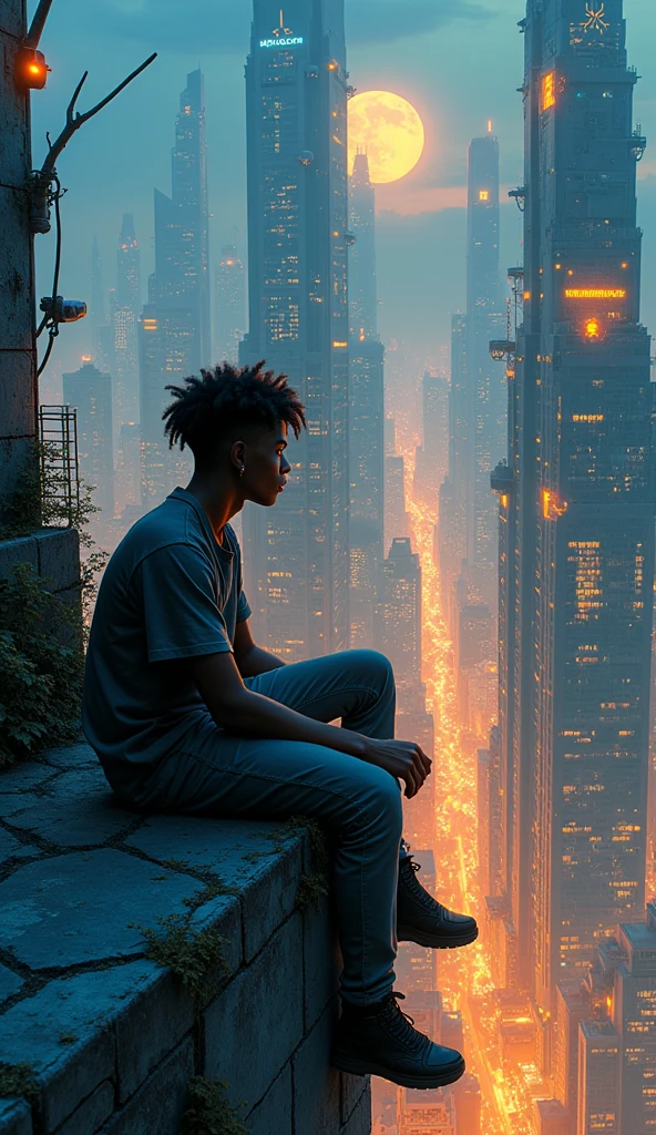 the young man is sitting on the ledge looking at the cityscape, in the style of jeff lemire, afrofuturism, frank quitely, light orange and indigo, saurabh jethani, aerial view, ashcan school --ar 8:5 --v 5.2