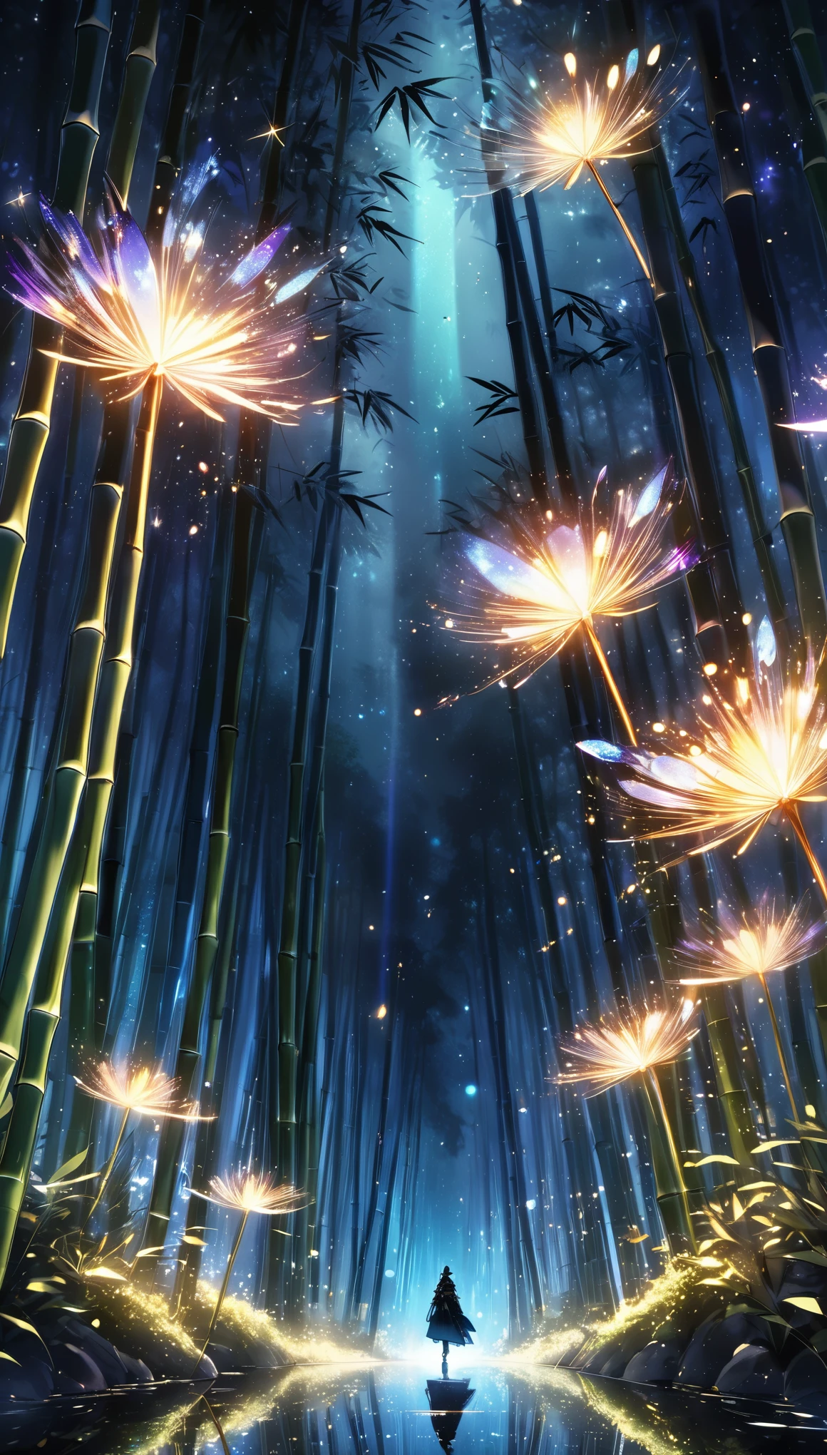 Bamboo forest on a dark night, Delicate and sharp, Cinematic production, Soft internal illumination, Many tiny fireflies flying around, Holographic sparkle all over, Vibrant colors, Fantastic rainbow reflections, Metallic luster, A balance and harmony between pitch black darkness and shining particles, Sharp and delicate, Watercolor style CG, High Contrast, Perfectly Tuned Octane Rendering, Dramatic Chiaroscuro, NRART, The ultimate aesthetic,