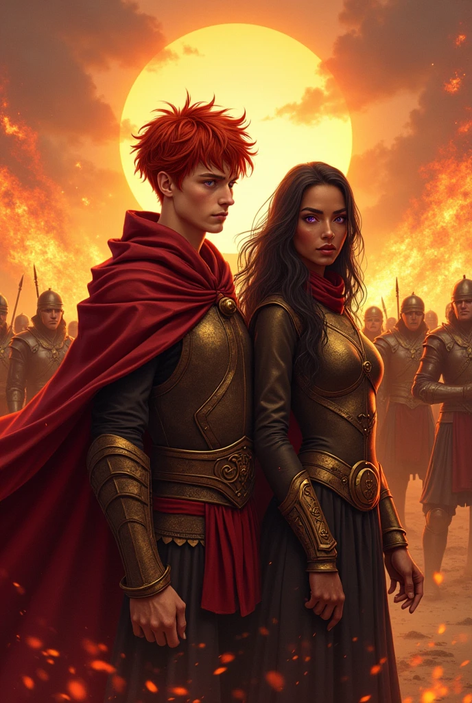 Prince of Fire Hero, young redhead with short hair next to his army and with a black-haired sorceress with dark skin and violet eyes.