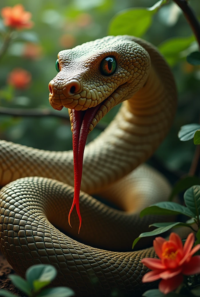 Giant female snake, female snake, big fleshy lips, big full lips, chubby fleshy lips, bimbo lips, tongue out, long tongue, fleshy tongue, full tongue, wet tongue, huge tongue, female lips, oiled, wet mouth, giant snake, giant fleshy tongue,her boobs Are visible