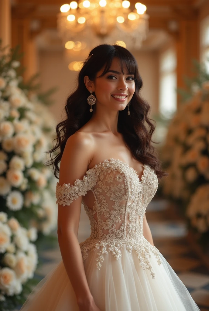 Young and beautiful woman, 22 years old, dark skin, long black hair and sparkling blue eyes. She is wearing a luxurious wedding dress. behind her a luxurious mansion in Italy. The expression on his arrogant face, highlighted by his blue eyes