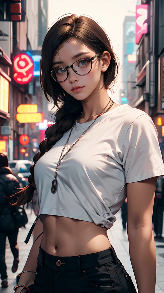 (RAW photo, 8k, masterpiece, high res,  extremely intricate) (photorealistic:1.4), cinematic lighting
1girl with long black wavy hair and nerdy glasses, solo focus, summer noon at new york, hot, 21st \(style\), graphic tee and jeans shot,outdoor
