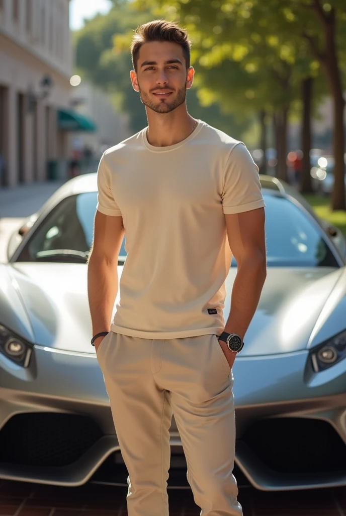 Un jeune homme de 18 ans sans barbe, confiant et au physique tonique, se tient fièrement devant une voiture de sport élégante et haut de gamme. Il est vêtu d'une tenue beige élégante, comprenant un tee shirt et un pantalon bien ajustés, qui complètent sa silhouette athlétique. Sa posture respire le charisme et le succès, avec un sourire subtil et une posture forte et assurée. La voiture derrière lui est un modèle luxueux, brillant sous la lumière, symbolisant ses réalisations et son brillant avenir