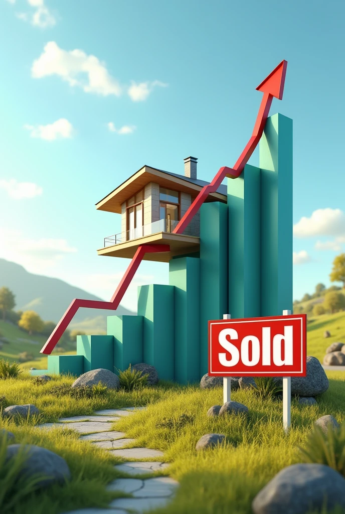 A financial growth graph with a modern style house on top, next to a background of land and a sold sign , realistic image