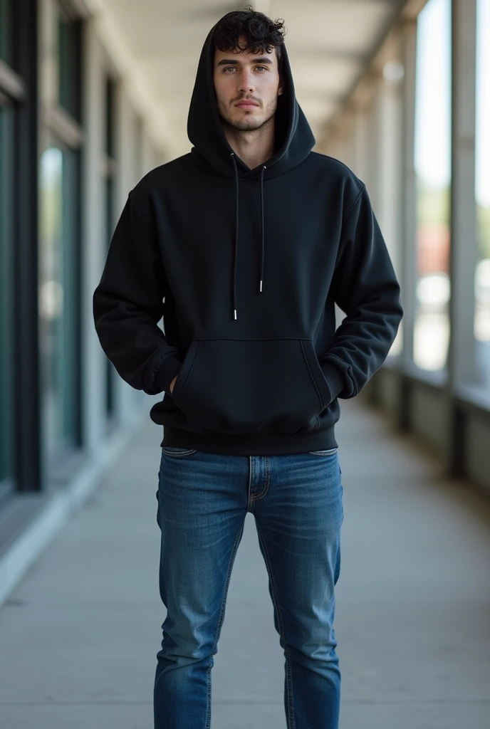 man, short black hair, wearing a black hooded jacket, blue denim pants, black tennis shoes, looking at the camera, photorealistic