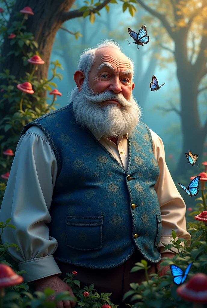A handsome and somewhat stocky older man, without becoming old. That he has traits of being a grumpy German nobleman, that has certain references to a blue caterpillar or a Morpho butterfly giving reference to Alice in Wonderland to the character of the 'blue caterpillar'