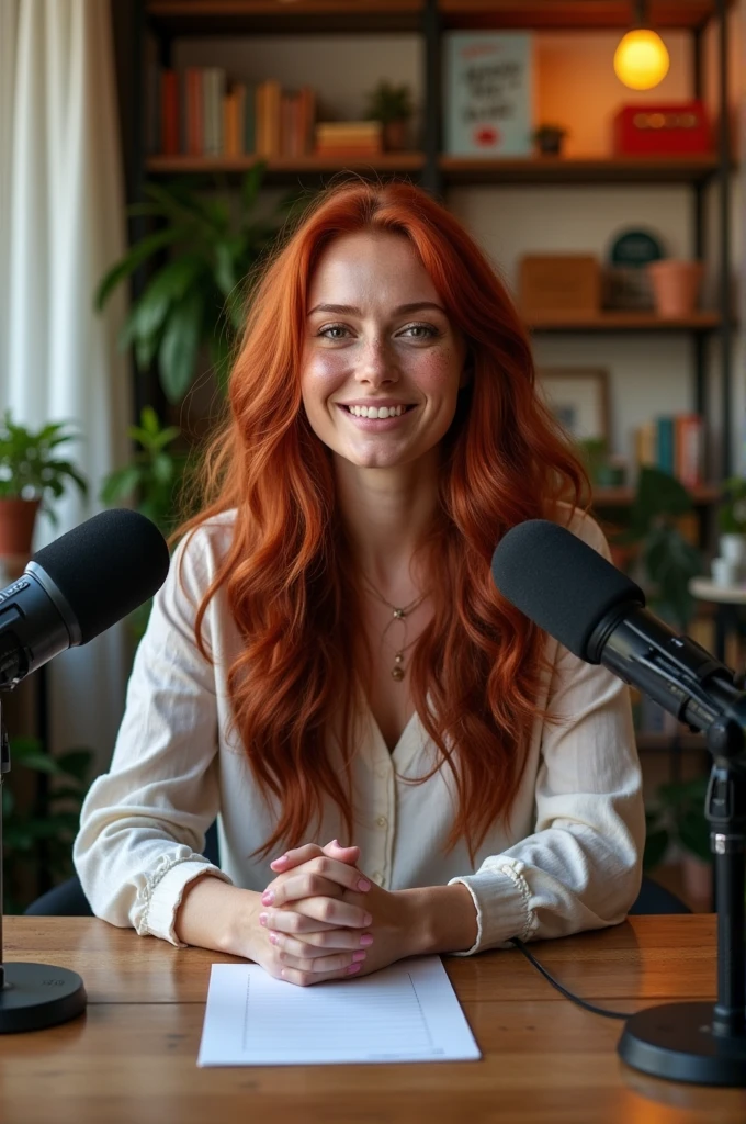 a woman with dark red hair, white skin with freckles sitting at a podcast table