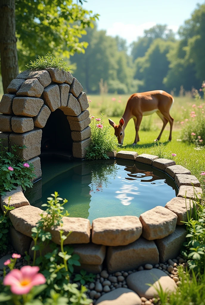 Water small water storing area man made which can be kept inside our garden for animal like deermake it somewhat similiar to well round enclosed