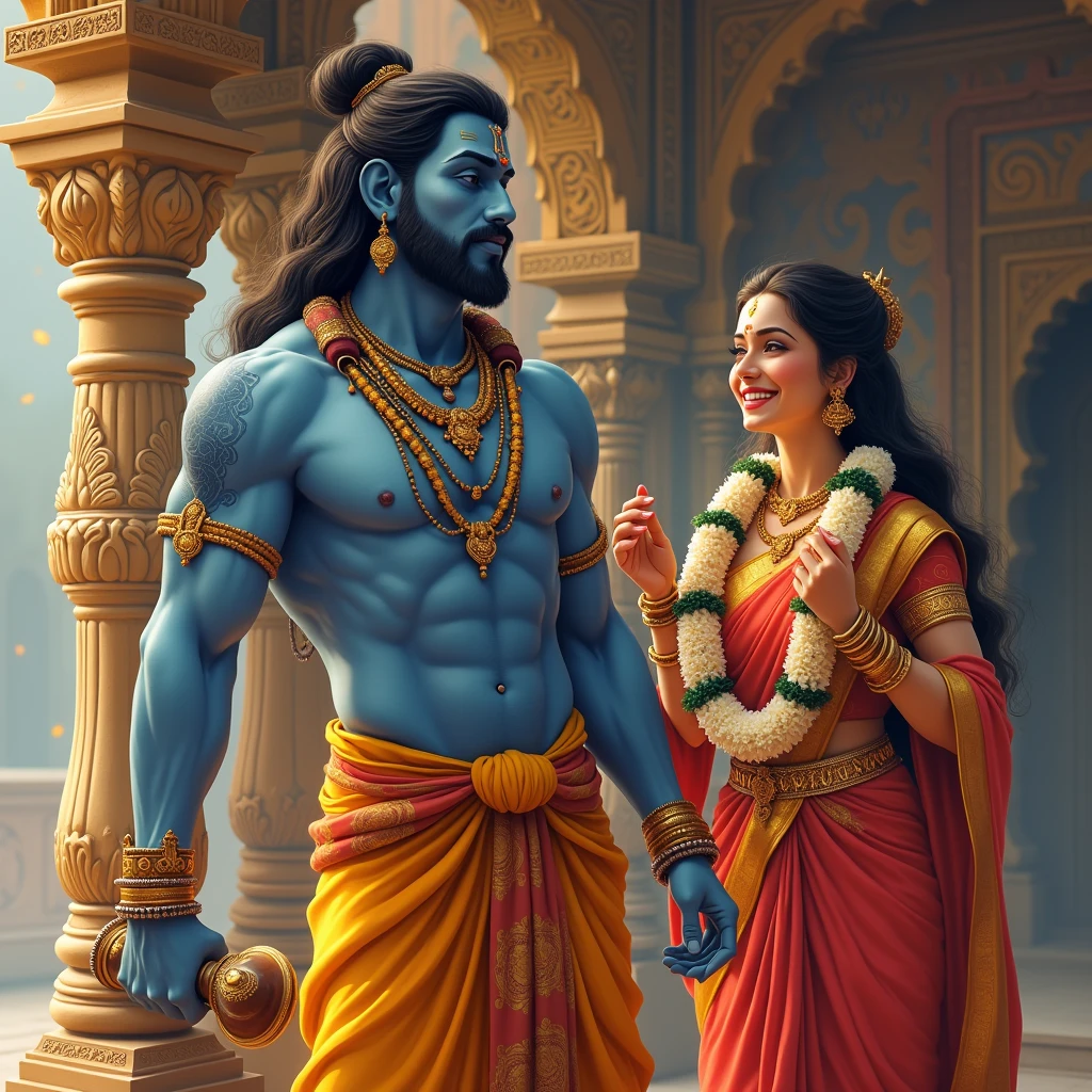 (photorealism:1.2), ((best quality)) Create an illustration of lord Vishnu, lean muscle and athletic bluish body, with a 'monkey face' standing proudly in a grand palace setting. Vishnu, with a mix of arrogance and confidence, should be depicted wearing traditional sage attire and holding his kartals and veena. In the background, show a beautiful princess with a flower garland in her hand, laughing at vishnu's appearance. The palace should be richly decorated, highlighting the contrast between Vishnu's proud stance and the princess’s amused reaction. Capture the moment with vibrant colors and expressive facial expressions.