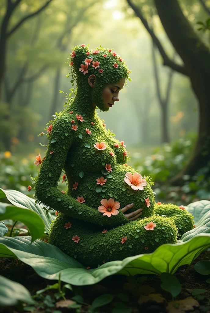 A pregnant woman made of plant parts on a leaf in the forest