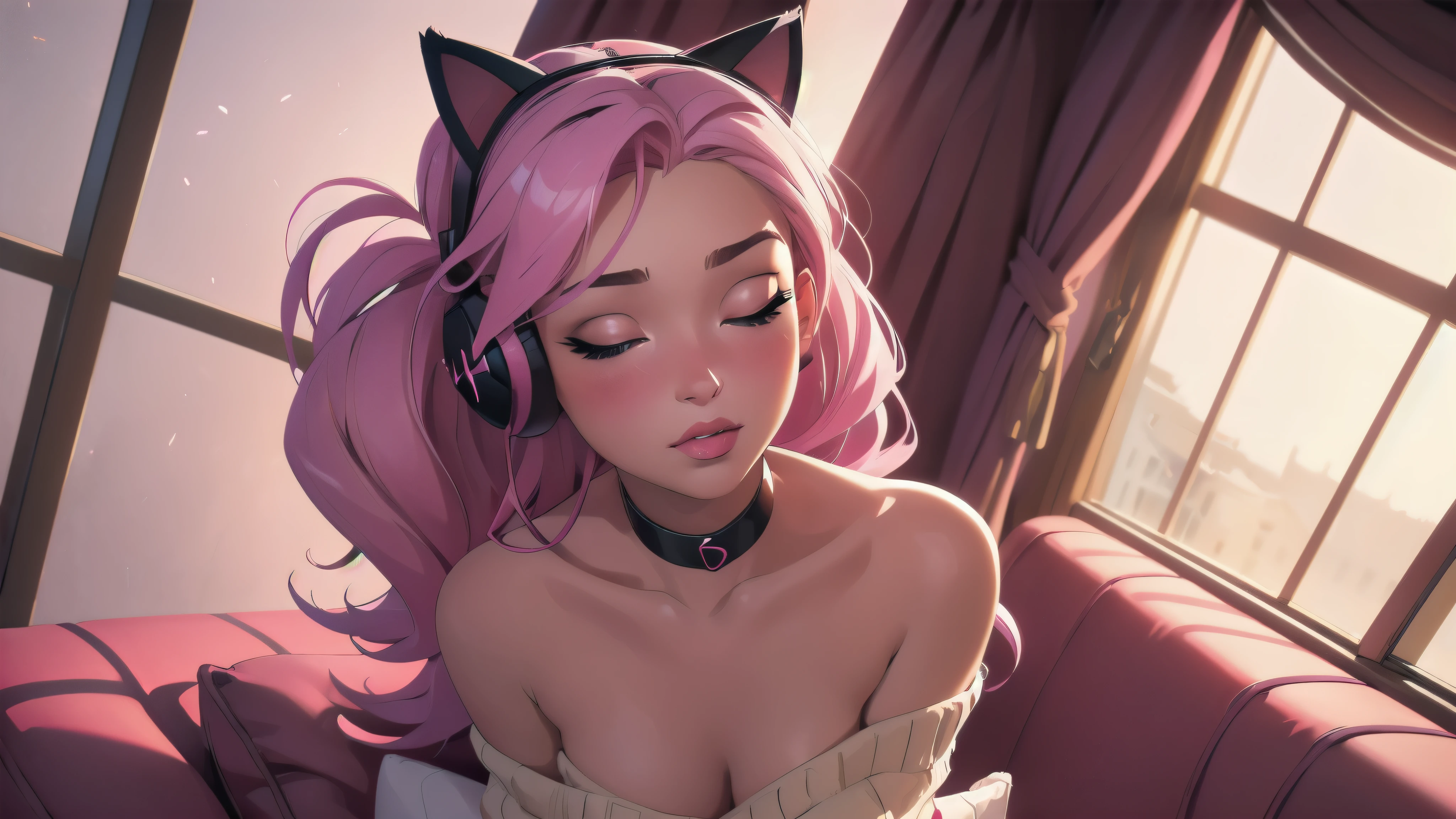 Sexy woman, perfect hair, amazing makeup, seductive gaze, blushing intensely, ready to kiss, long oversized sweater, sitting comfortably on couch, window, natural light beaming through window, beautiful face, seductively gazing at us, very seductively provocative ,A girl is wearing pink headphones with small cat ears.