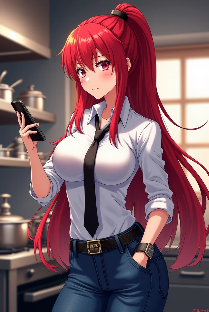 Sexy anime heroine Chef Fighter Soma Rindo Kobayashi holding phone 4k photo, Real leather, in a white shirt and black tie and blue jeans with long red hair 