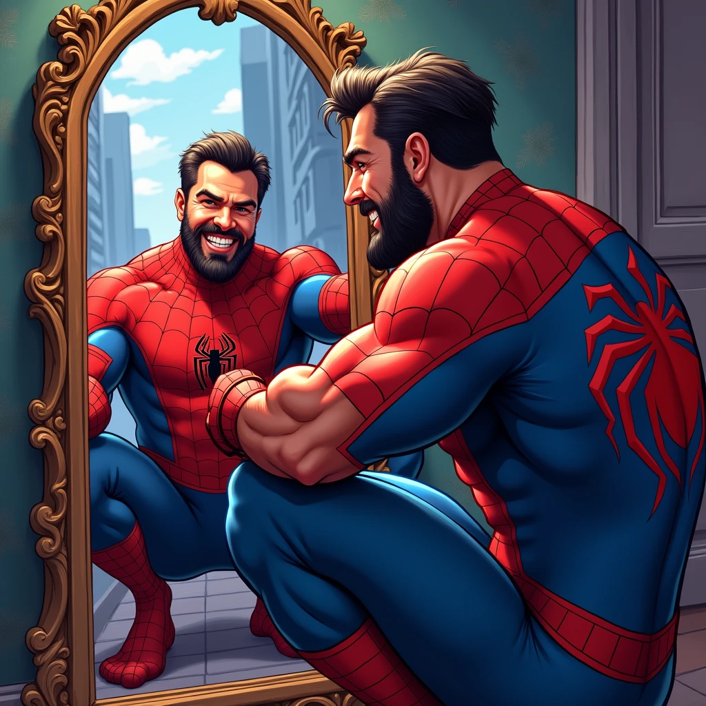 marvel DIGITAL DIGITAL art style: a 45 years old male with a beard wearing spiderman costume, big masculine bulge, he's squatting down flexing bicep in front of a mirror, grinning
