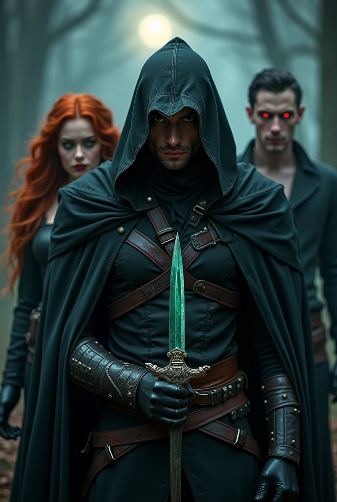 In the picture he is dressed in assassin style, There is a red-haired woman, He looks straight ahead and his face is visible.. His black eyes look slightly sad, but also filled with revenge and anger.. He has a jade-decorated dagger in his hand. Behind him is red-eyed, A young and handsome vampire stands. There is a dark forest in the background, the moonlight shines on them. 