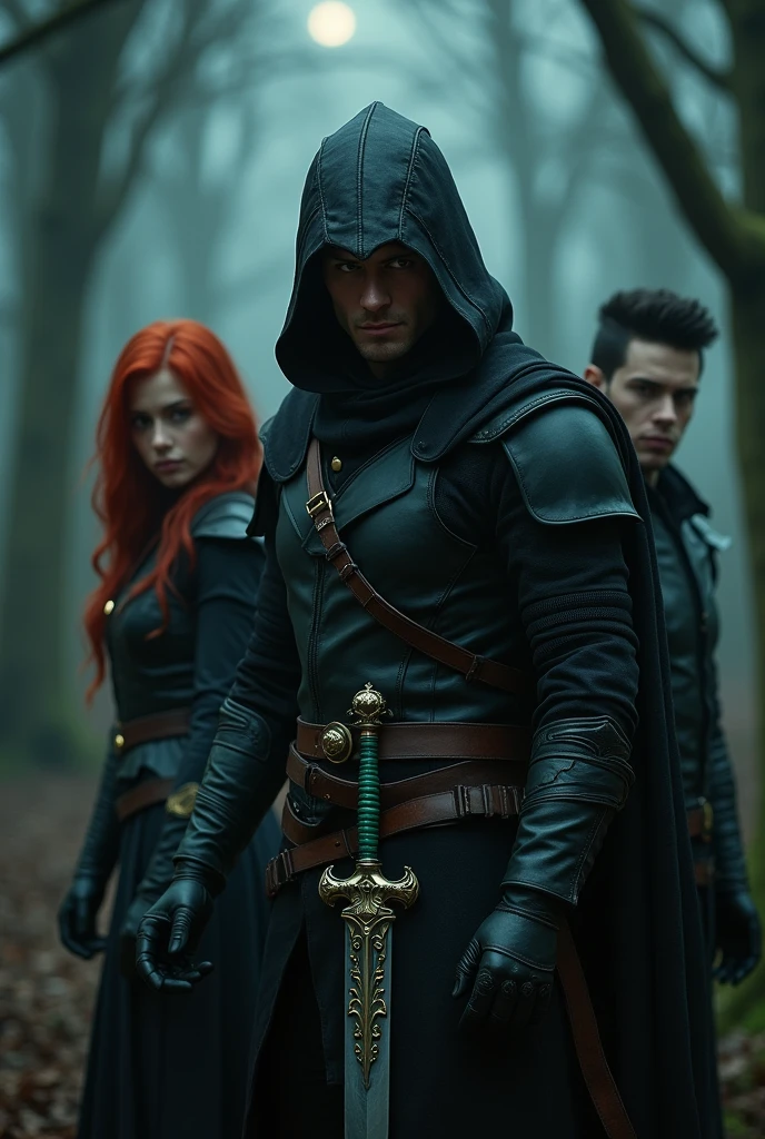 In the picture he is dressed in assassin style, There is a red-haired woman, He looks straight ahead and his face is visible.. His black eyes look slightly sad, but also filled with revenge and anger.. He has a jade-decorated dagger in his hand. Behind him is red-eyed, A young and handsome vampire stands. There is a dark forest in the background, the moonlight shines on them.