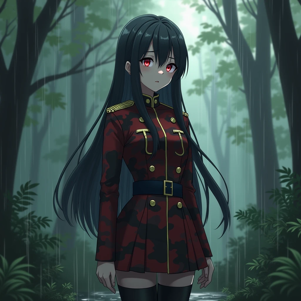 Girl, military general, Long Hair, Red Iris, Military Outfit, Red and Black Camouflage, thoughtfully, rain, forest, anime