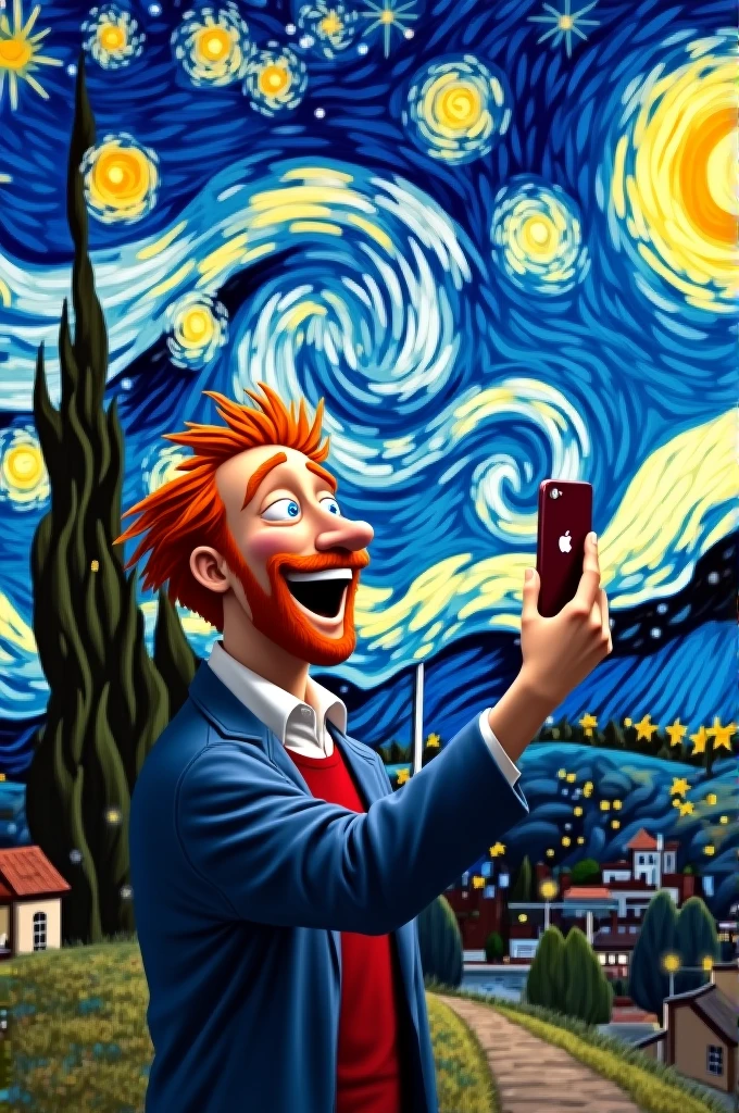 A humorous photo of the "Starry Night" where a wide-eyed van Gogh raises his phone for an unusual selfie, with the glittering cosmic spiral serving as the backdrop.