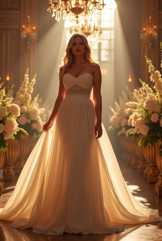 Women curvy hourglass body,in royal wedding, wearing bardot dress. Blond hair