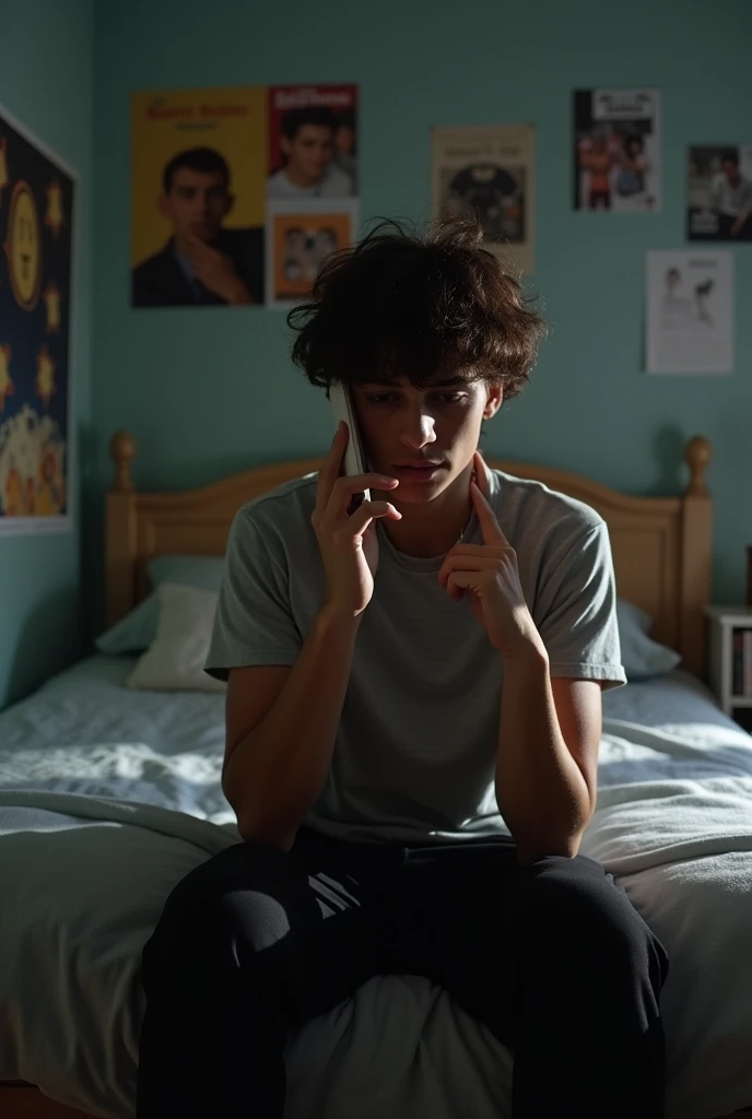 A 22 year old boy with very light skin, and dark brown wavy hair with tattoos on only his right arm dressed in a light gray t-shirt and black pants, is in his room, Calling on his phone but reflecting sadness and agony because no one answers his call




