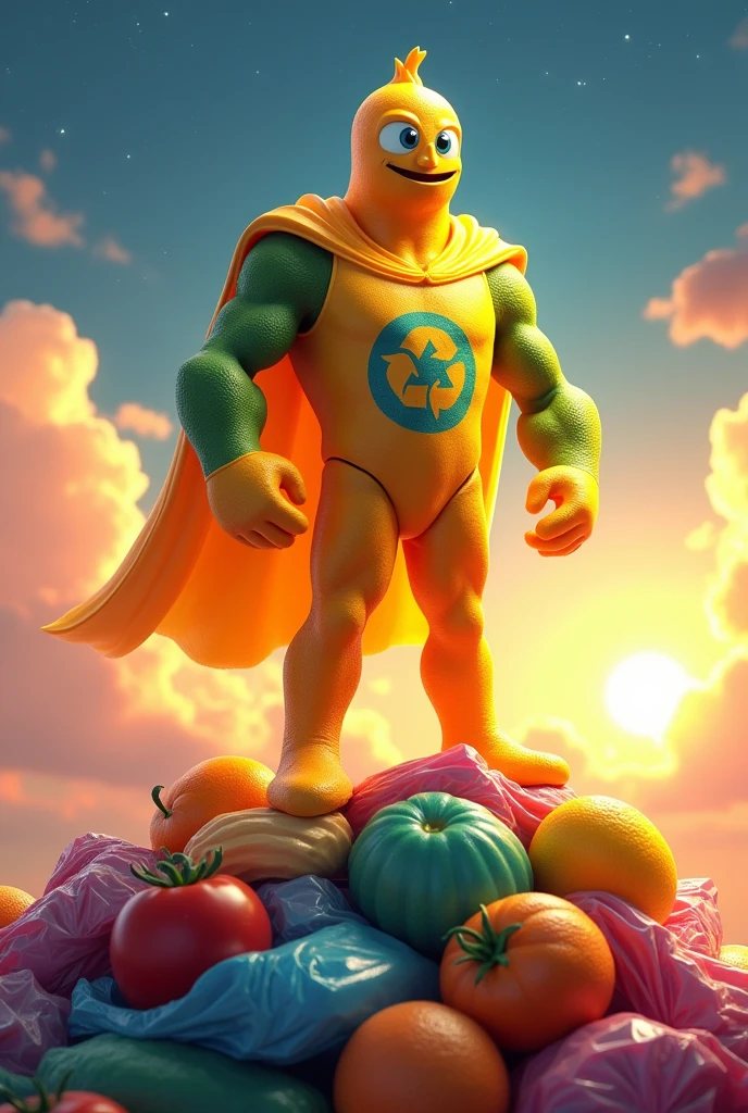 (animated style) hero made of many different types of fruit peels such as orange, banana, tangerine, avocado, tomato has the organic waste logo on his chest and is positioned on top of a very high mountain of plastic bags