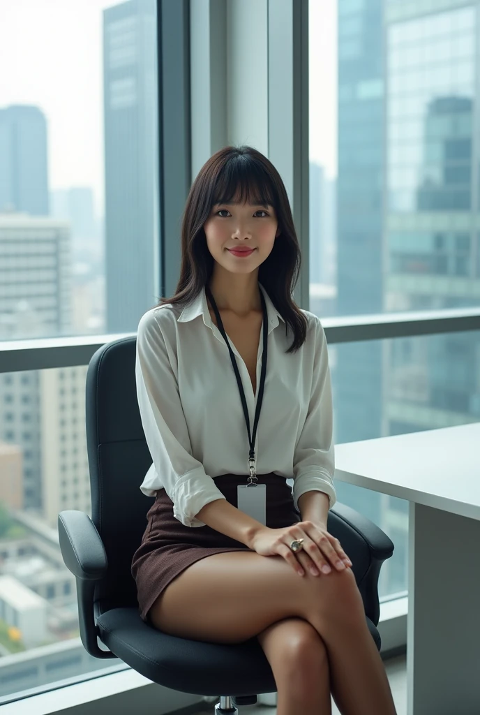 1 Single female office worker, Sit in a swivel chair, /(Casual Shirt Pencil Skirt/) /(brown pantyhose/) /(id card strap/), /(black hair/) bangs, A gentle smile with a blush, (Masterpiece of the highest quality:1.2) Super detailed, Big chest BREAK with arms lowered /(Modern office interior/) Skyscraper with windows sitting on the chair