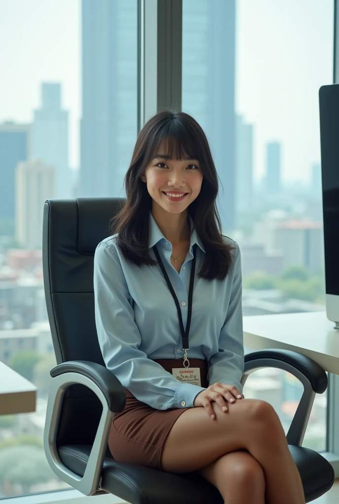 1 Single female office worker, Sit in a swivel chair, /(Casual Shirt Pencil Skirt/) /(brown pantyhose/) /(id card strap/), /(black hair/) bangs, A gentle smile with a blush, (Masterpiece of the highest quality:1.2) Super detailed, Big chest BREAK with arms lowered /(Modern office interior/) Skyscraper with windows sitting on the chair