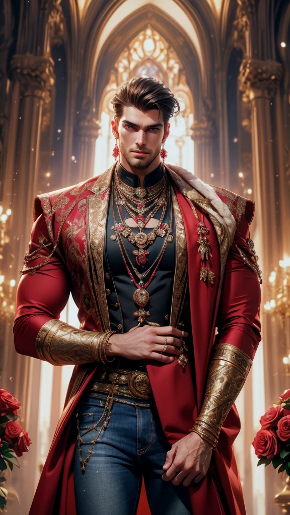 (absurdres, highres, ultra detailed), 1 male, beautiful,handsome, tall muscular guy, mature, verious red and pink roses around him, jewellery, the man is standing comfortably in the roses, from directly above, (white shirt, jeans), gorgeous, wet, model pose, colorful, artistic, depth of field, focus on his calm facial features, elegant look, looking at the viewers romantically,
