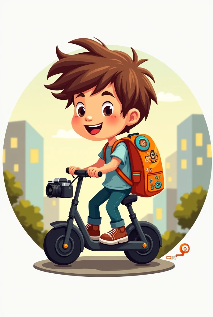 Create a round logo of a brown hair boy avatar with his electric scooter and his backpack and his camera