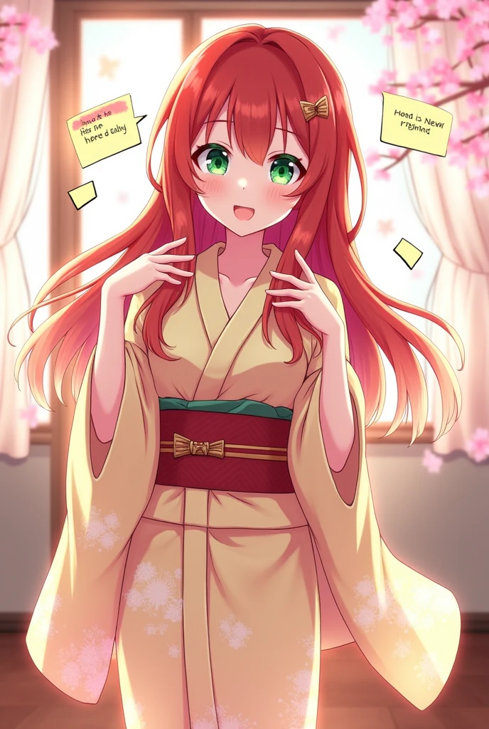 Redhead girl showing how to tie a robe anime style