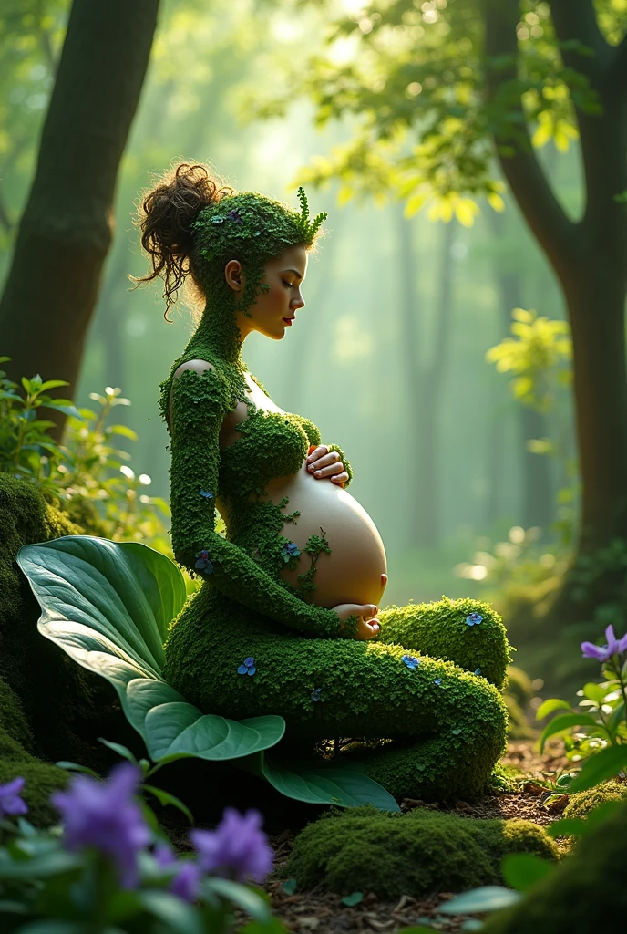 A pregnant woman made of plant parts on a leaf in the forest