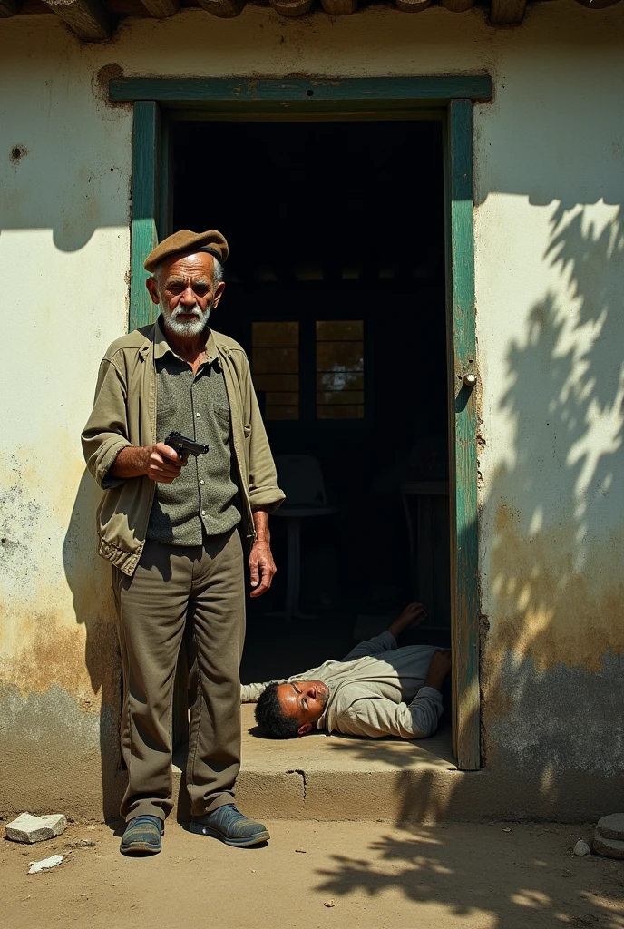 The image shows the facade of a modest house, with a partially open door. In front of the door, a 74-year-old man wearing a brown beret on his head, with an expression of despair and pain, holds a .37-caliber pistol in his hand. The man.

The image also shows a 29-year-old man lying on the ground, near the entrance, and to the left of the scene you can see the blurred figure of the young man's mother, who is trying to run towards him.
