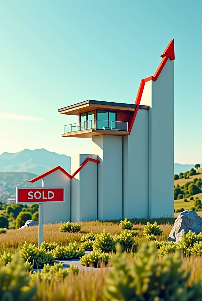 A financial growth graph with a modern style house on top, next to a background of land and a sold sign , realistic image