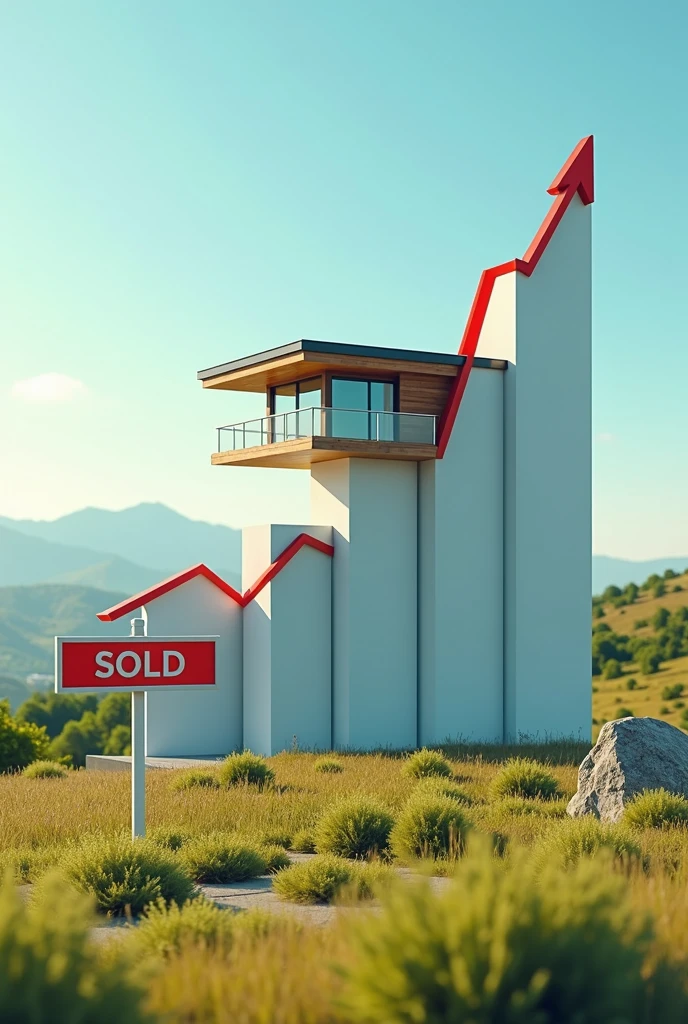 A financial growth graph with a modern style house on top, next to a background of land and a sold sign , realistic image