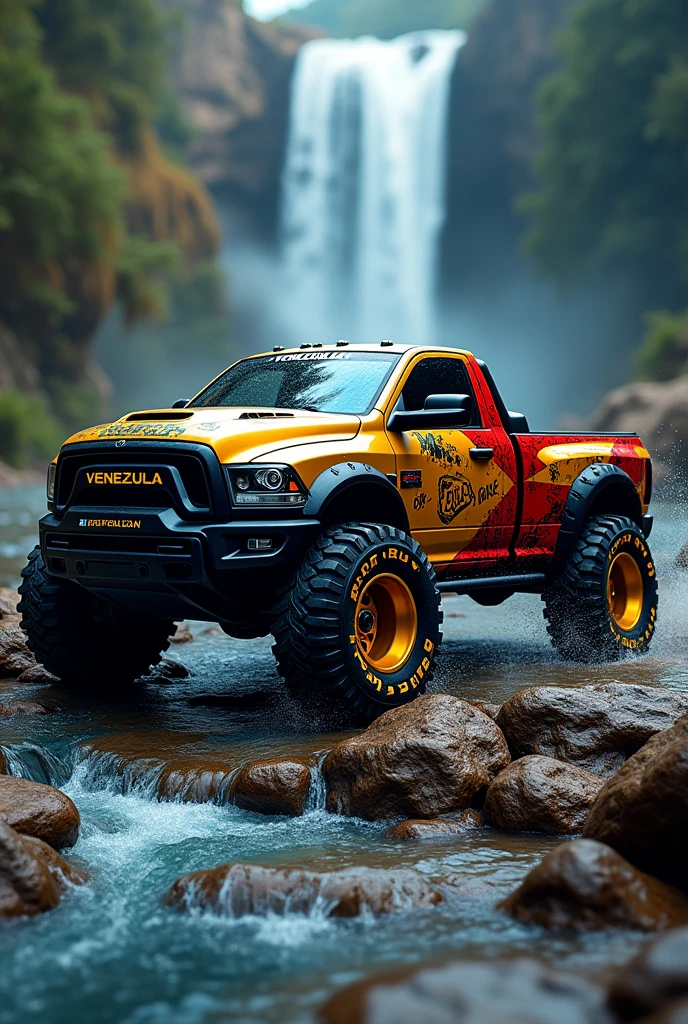 A captivating 3D logo for “VENEZUELA” with a sleek and modern design. The bold “VENEZUELA” is intertwined with a sleek gold, blue and red 4x4RC truck, showcasing its impressive bodywork with images on the doors with the text “Dr. Freddy” in gloss black and large, super-lowered rims in gold. The background is a sophisticated and simplistic combination of sleek and modern fonts with vibrant details featuring a river and a waterfall. The robust color palette creates a sense of high-quality action and a social and lively atmosphere. The Venezuela poster design exudes energy and excitement for those who love adrenaline-filled pastimes.