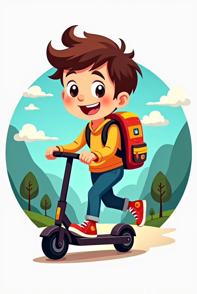 Create a round logo of a brown hair boy avatar with his electric scooter and his backpack and his camera
